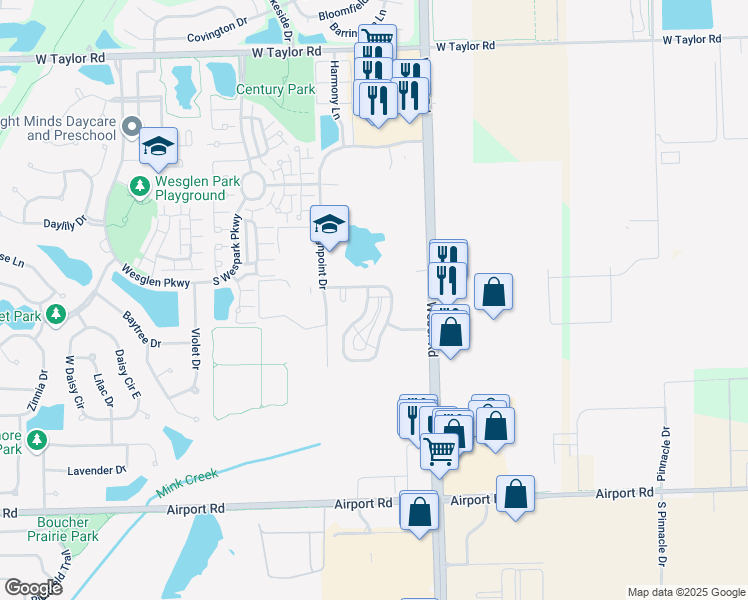 map of restaurants, bars, coffee shops, grocery stores, and more near 205 South Oak Creek Lane in Romeoville