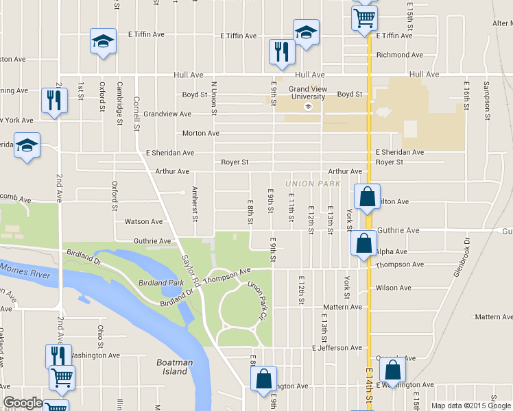 map of restaurants, bars, coffee shops, grocery stores, and more near 2331 East 8th Street in Des Moines
