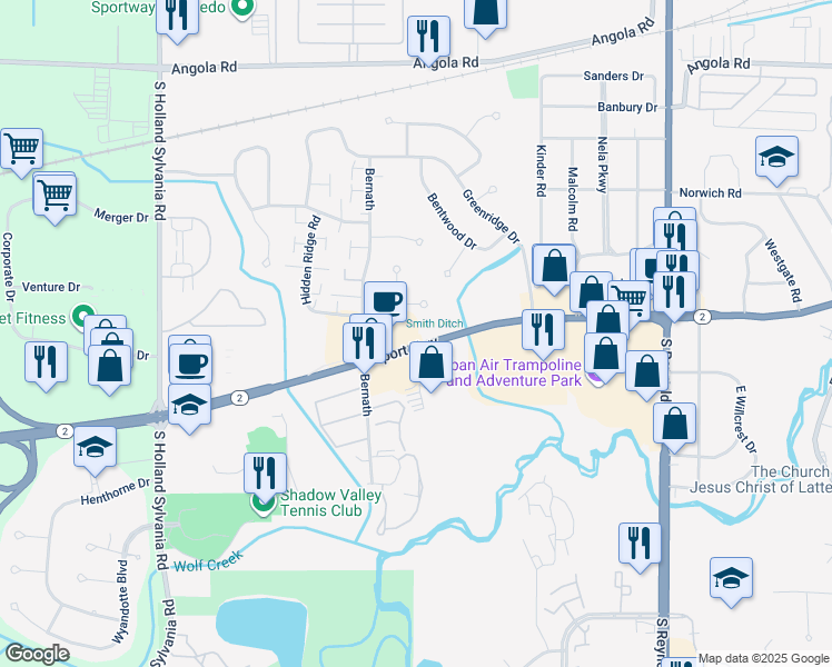 map of restaurants, bars, coffee shops, grocery stores, and more near 5564 Airport Hwy in Toledo