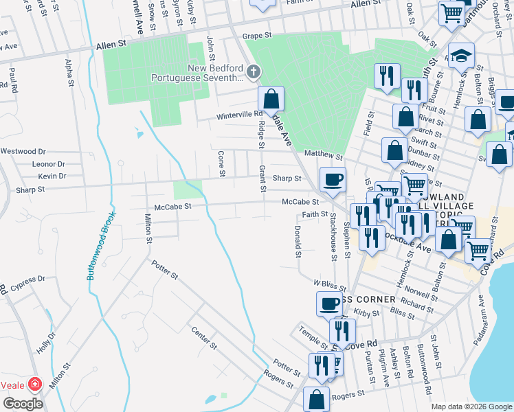 map of restaurants, bars, coffee shops, grocery stores, and more near 42 McCabe Street in Dartmouth
