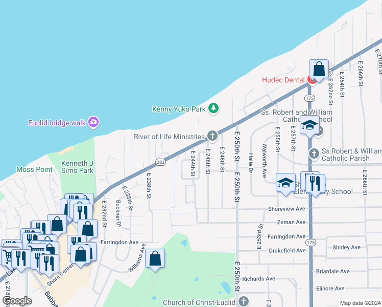 map of restaurants, bars, coffee shops, grocery stores, and more near 24390 Lakeshore Boulevard in Euclid