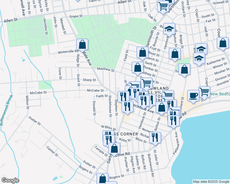 map of restaurants, bars, coffee shops, grocery stores, and more near 204 Rockdale Avenue in New Bedford