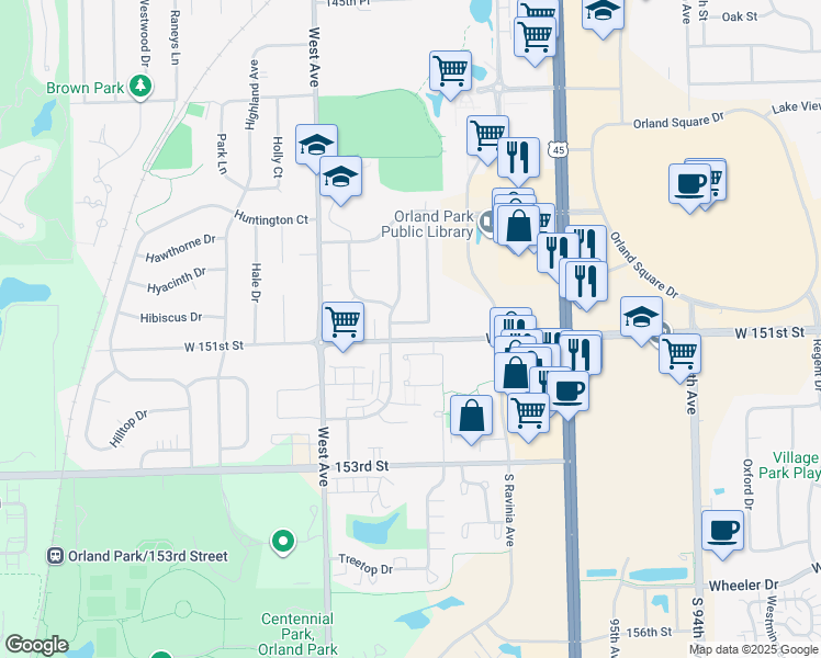 map of restaurants, bars, coffee shops, grocery stores, and more near 9845 Avenida Del Este Street in Orland Park