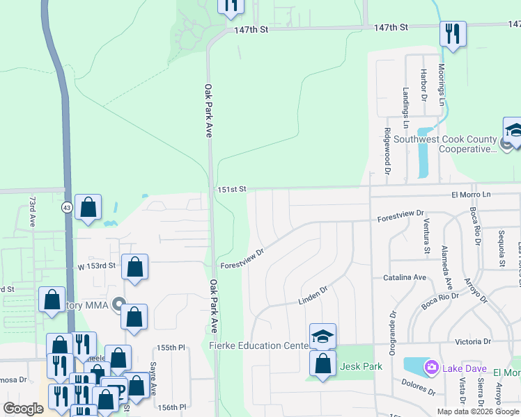 map of restaurants, bars, coffee shops, grocery stores, and more near 15121 Chestnut Lane in Oak Forest