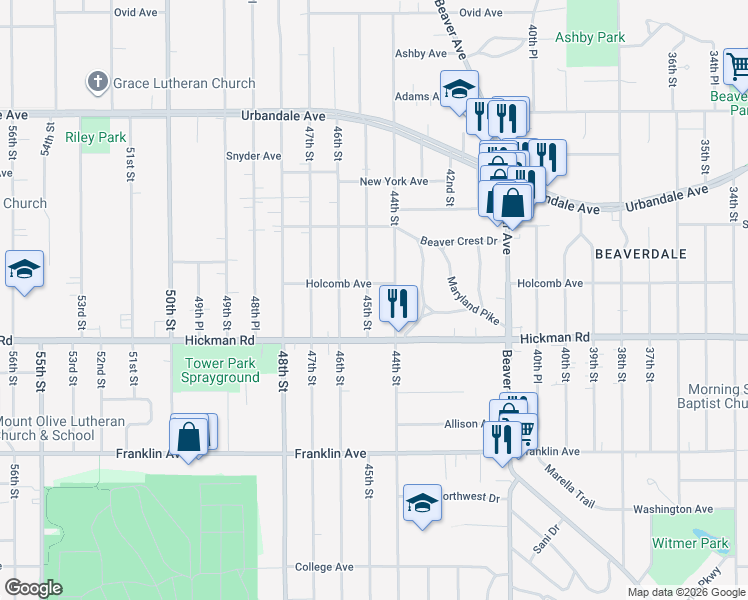 map of restaurants, bars, coffee shops, grocery stores, and more near 2404 45th Street in Des Moines
