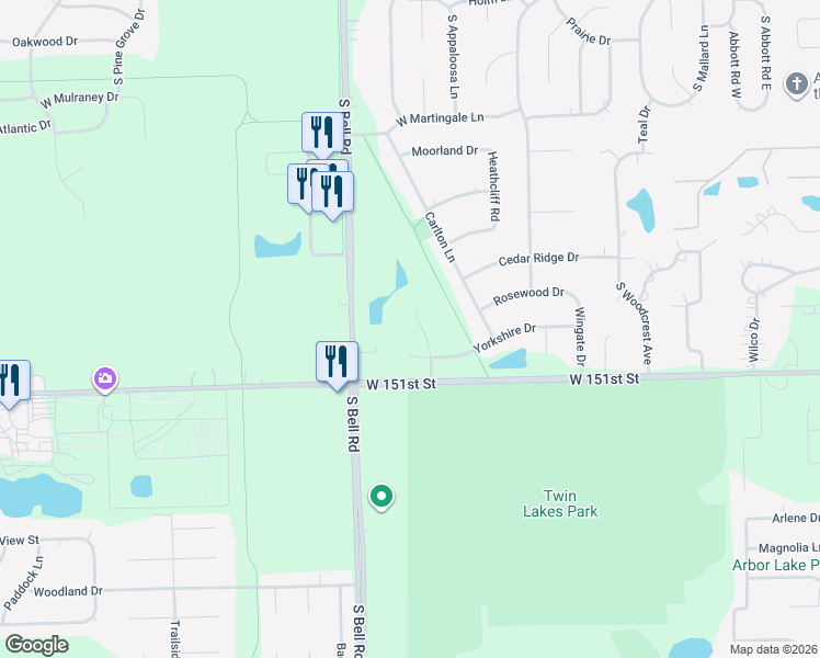 map of restaurants, bars, coffee shops, grocery stores, and more near 14950 Suffolk Court in Homer Glen