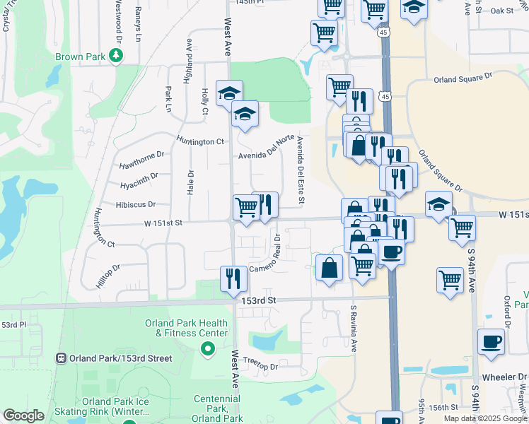 map of restaurants, bars, coffee shops, grocery stores, and more near 9960 West 151st Street in Orland Park