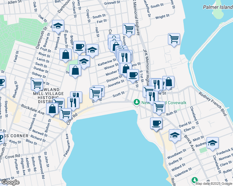 map of restaurants, bars, coffee shops, grocery stores, and more near 63 Scott Street in New Bedford