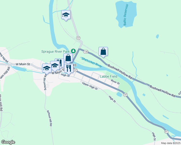map of restaurants, bars, coffee shops, grocery stores, and more near 35 River Street in Sprague