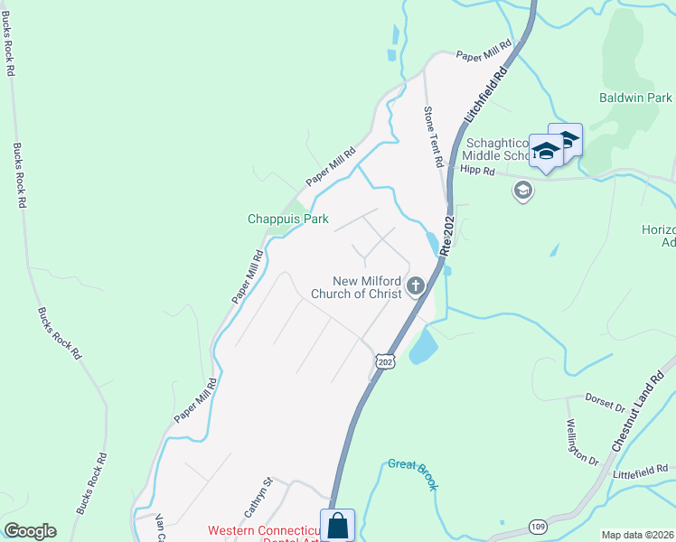 map of restaurants, bars, coffee shops, grocery stores, and more near 10 Mountain View Avenue in New Milford