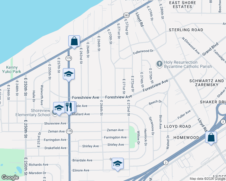 map of restaurants, bars, coffee shops, grocery stores, and more near 460 East 270th Street in Euclid