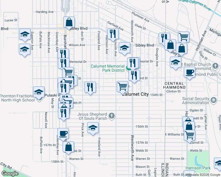 map of restaurants, bars, coffee shops, grocery stores, and more near 303 153rd Place in Calumet City