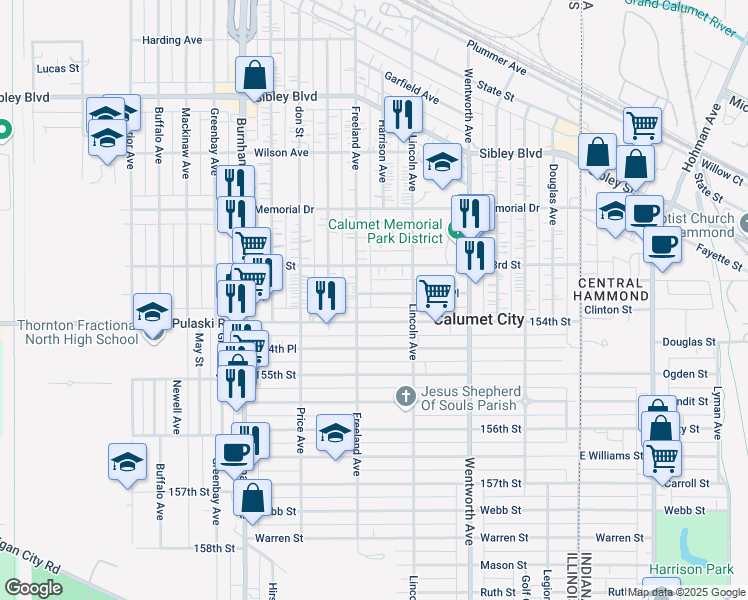 map of restaurants, bars, coffee shops, grocery stores, and more near 333 153rd Place in Calumet City
