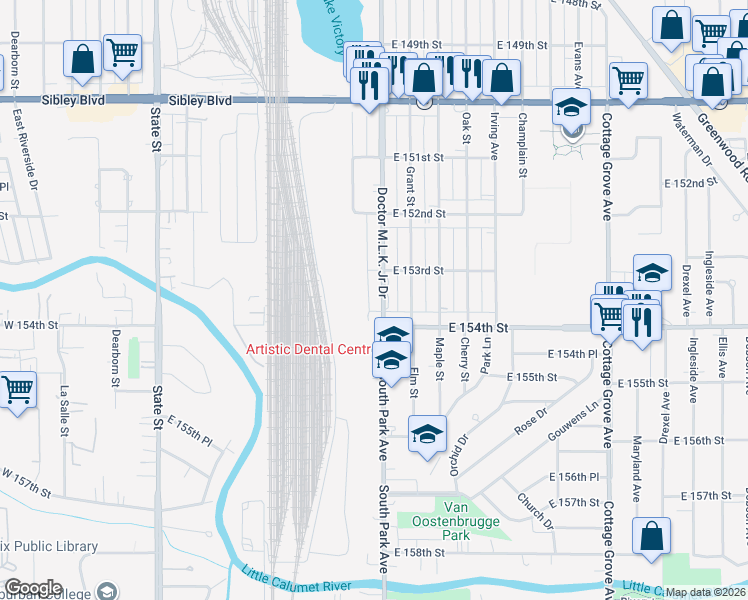 map of restaurants, bars, coffee shops, grocery stores, and more near 15328 Doctor Martin Luther King Junior Drive in Dolton