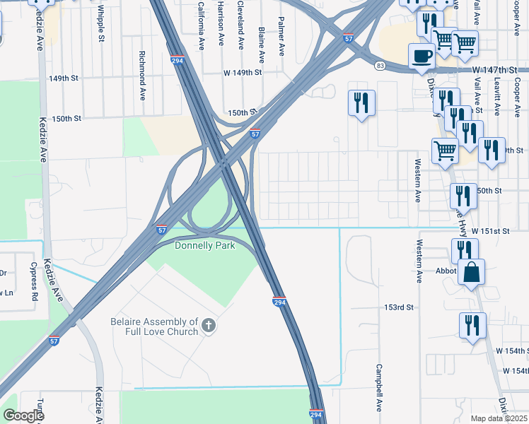 map of restaurants, bars, coffee shops, grocery stores, and more near 15030 Fairfield Avenue in Harvey