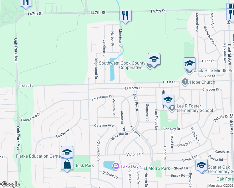 map of restaurants, bars, coffee shops, grocery stores, and more near 6216 Forestview Drive in Oak Forest