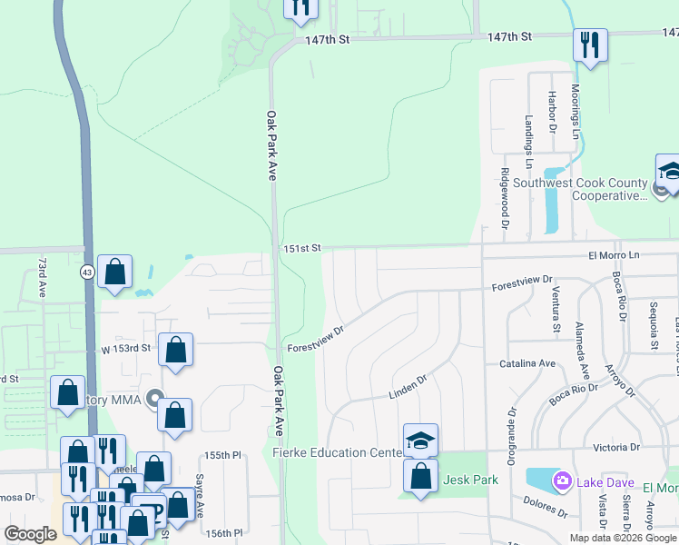 map of restaurants, bars, coffee shops, grocery stores, and more near 15121 Chestnut Lane in Oak Forest