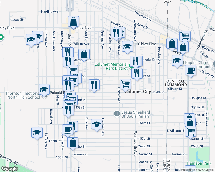map of restaurants, bars, coffee shops, grocery stores, and more near 333 153rd Place in Calumet City