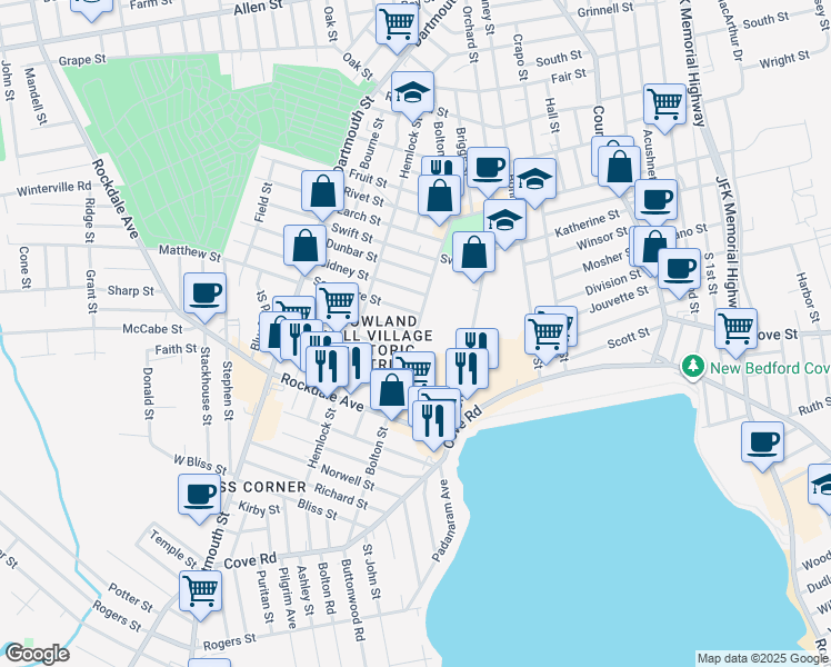 map of restaurants, bars, coffee shops, grocery stores, and more near Bolton Street in New Bedford