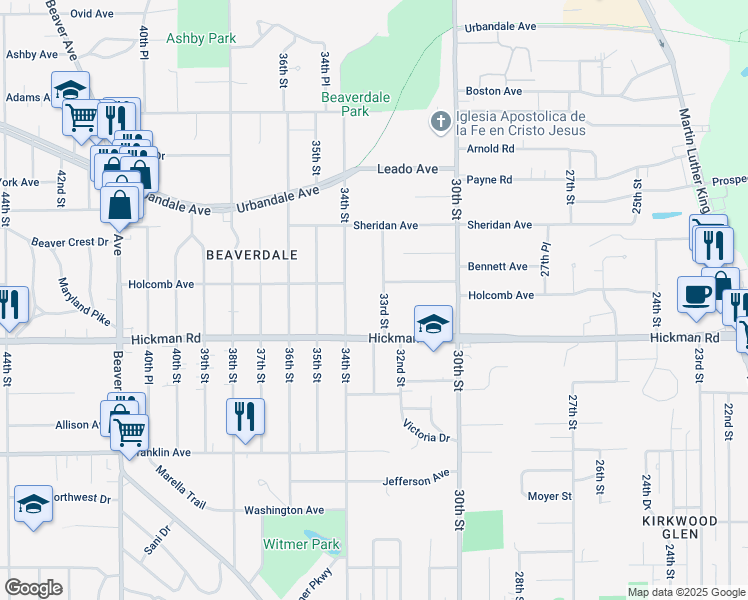 map of restaurants, bars, coffee shops, grocery stores, and more near 2323 33rd Street in Des Moines