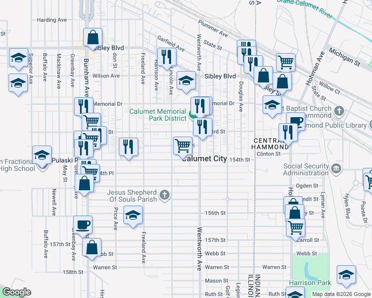 map of restaurants, bars, coffee shops, grocery stores, and more near 221 153rd Place in Calumet City