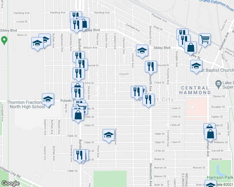 map of restaurants, bars, coffee shops, grocery stores, and more near 663 Freeland Avenue in Calumet City