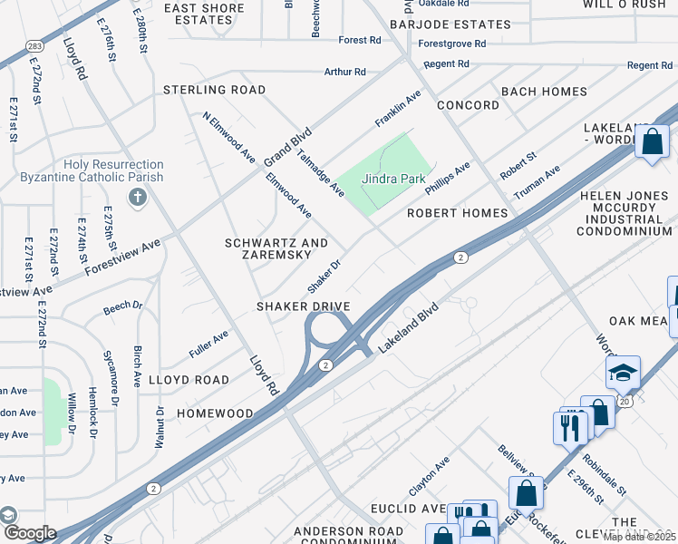 map of restaurants, bars, coffee shops, grocery stores, and more near 29501 Robert Street in Wickliffe