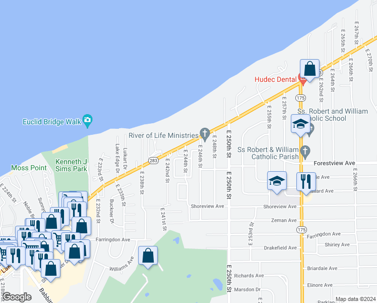 map of restaurants, bars, coffee shops, grocery stores, and more near 221 East 244th Street in Euclid
