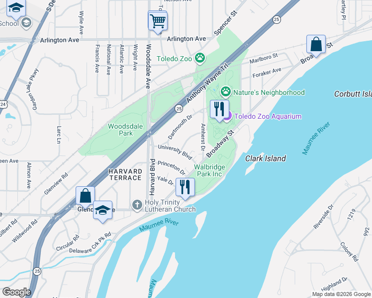 map of restaurants, bars, coffee shops, grocery stores, and more near 126 University Boulevard in Toledo