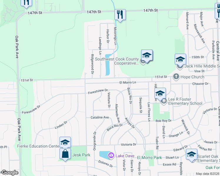 map of restaurants, bars, coffee shops, grocery stores, and more near 6216 Forestview Drive in Oak Forest