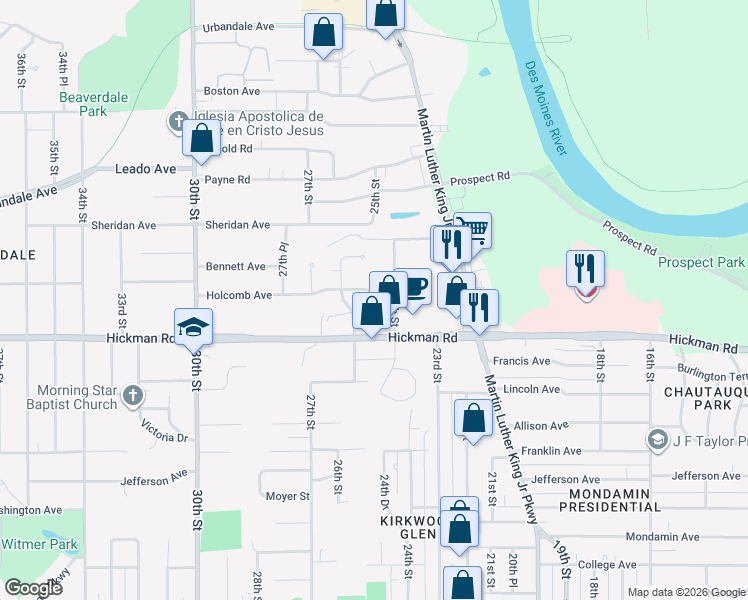 map of restaurants, bars, coffee shops, grocery stores, and more near 2416 Holcomb Avenue in Des Moines