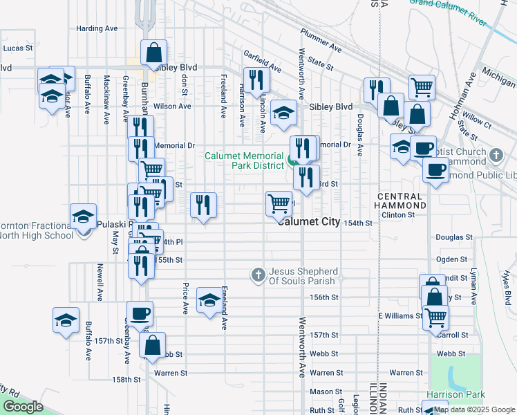 map of restaurants, bars, coffee shops, grocery stores, and more near 303 153rd Place in Calumet City