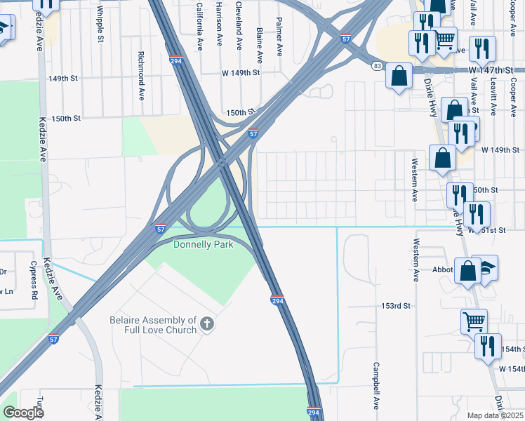 map of restaurants, bars, coffee shops, grocery stores, and more near 15030 Fairfield Avenue in Harvey