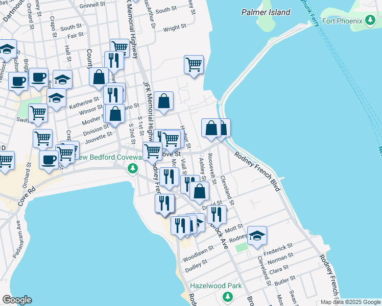 map of restaurants, bars, coffee shops, grocery stores, and more near 1 Harbor Street in New Bedford