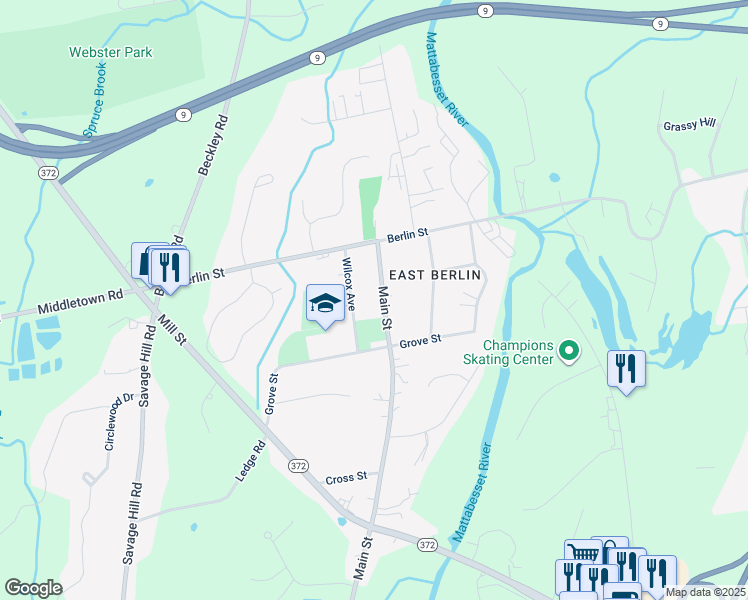 map of restaurants, bars, coffee shops, grocery stores, and more near 68 Main Street in Berlin