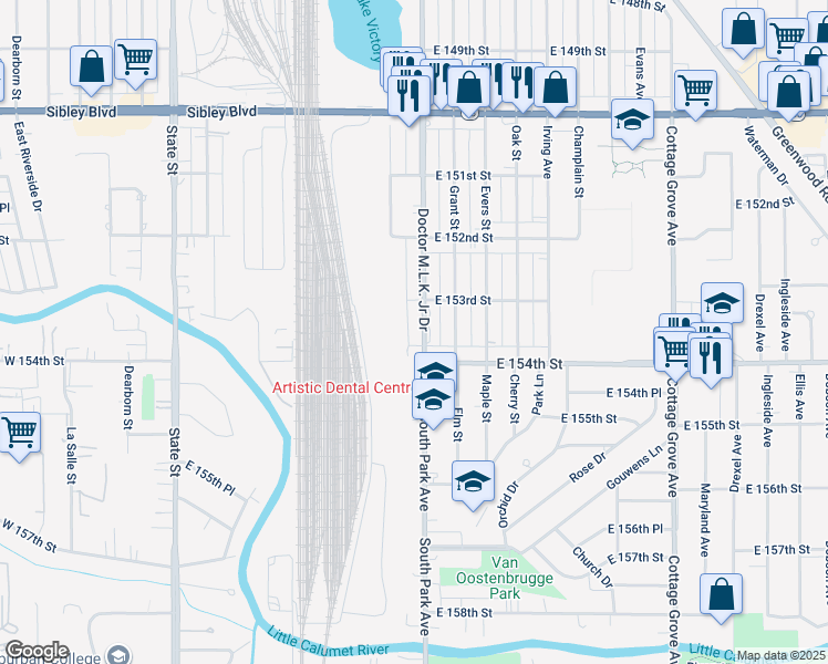 map of restaurants, bars, coffee shops, grocery stores, and more near 15328 Doctor Martin Luther King Junior Drive in Dolton