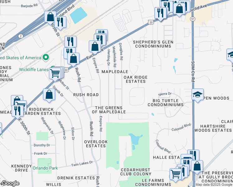 map of restaurants, bars, coffee shops, grocery stores, and more near 1669 Mapledale Road in Wickliffe