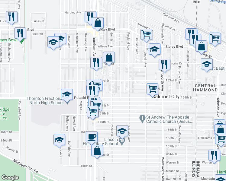 map of restaurants, bars, coffee shops, grocery stores, and more near 659 Price Avenue in Calumet City