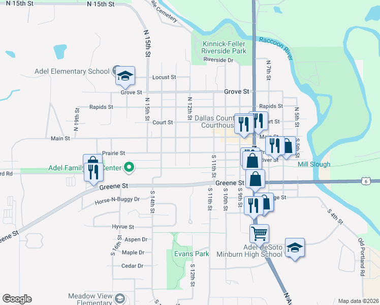 map of restaurants, bars, coffee shops, grocery stores, and more near 201 South 12th Street in Adel