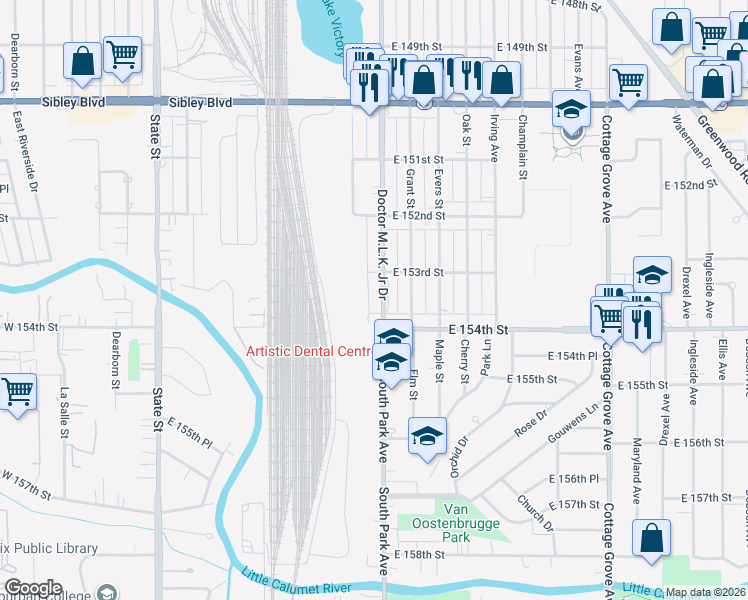 map of restaurants, bars, coffee shops, grocery stores, and more near 15324 Chicago Road in Dolton