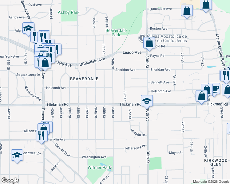 map of restaurants, bars, coffee shops, grocery stores, and more near 2411 34th Street in Des Moines