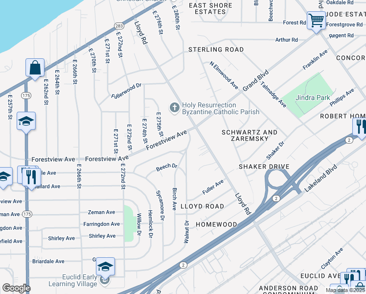 map of restaurants, bars, coffee shops, grocery stores, and more near 27471 Markbarry Avenue in Euclid