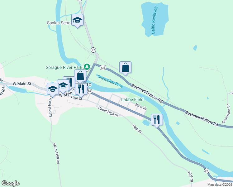 map of restaurants, bars, coffee shops, grocery stores, and more near 35 River Street in Sprague