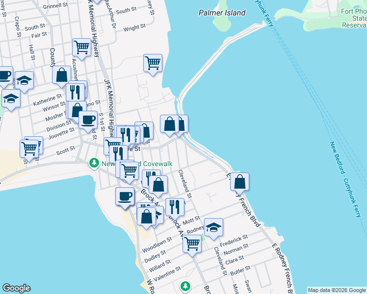 map of restaurants, bars, coffee shops, grocery stores, and more near 13 Cleveland Street in New Bedford