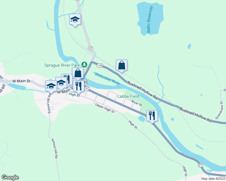 map of restaurants, bars, coffee shops, grocery stores, and more near 35 River Street in Sprague