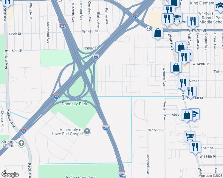 map of restaurants, bars, coffee shops, grocery stores, and more near 15027 Washtenaw Avenue in Harvey