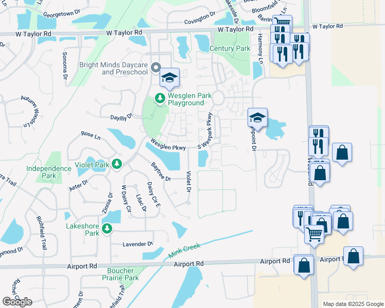 map of restaurants, bars, coffee shops, grocery stores, and more near 218 Violet Drive in Romeoville