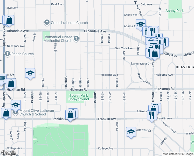 map of restaurants, bars, coffee shops, grocery stores, and more near 2405 48th Street in Des Moines