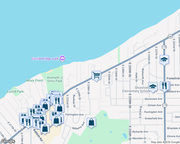 map of restaurants, bars, coffee shops, grocery stores, and more near 131 East 238th Street in Euclid