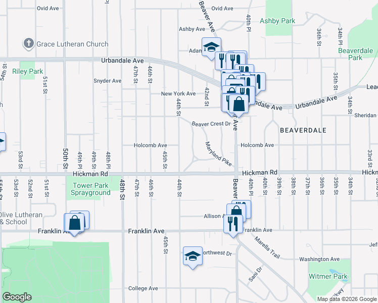 map of restaurants, bars, coffee shops, grocery stores, and more near 2407 Raymond Drive in Des Moines